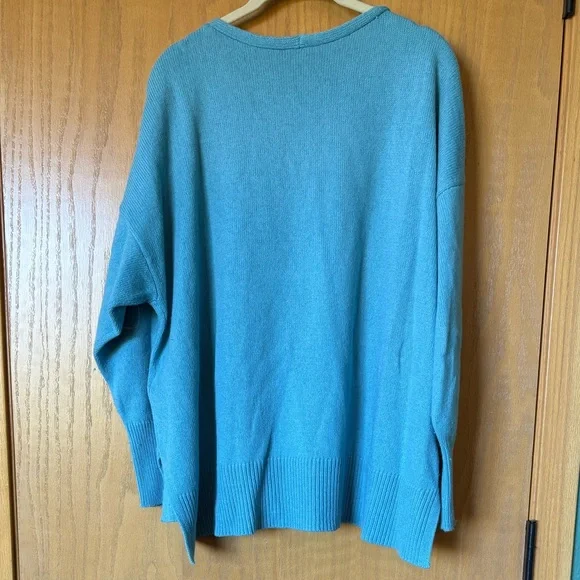 Eileen Fisher Turquoise V-Neck Cotton Cashmere Sweater - Picture 4 of 4